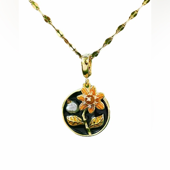 Flower and Pearl Enamel Pendant Necklace with Pearl Accent - Picture 2 of 16